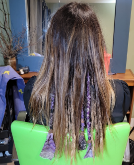 Fabric dread wraps braided into natural hair in Vancouver BC. Custom add-ons to braid-in locs and synthetic dreadlock extensions.